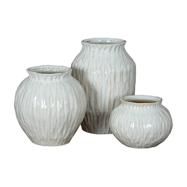 Hill Interiors Squat Ceramic Vase trio in white with ribbed textured finish, showing tall, rounded and small squat shapes on a plain background.