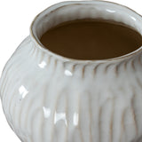 Close-up of Hill Interiors Squat Ceramic Vase in white, showing the ribbed rounded body, short tapered neck and glossy finish against a plain background.