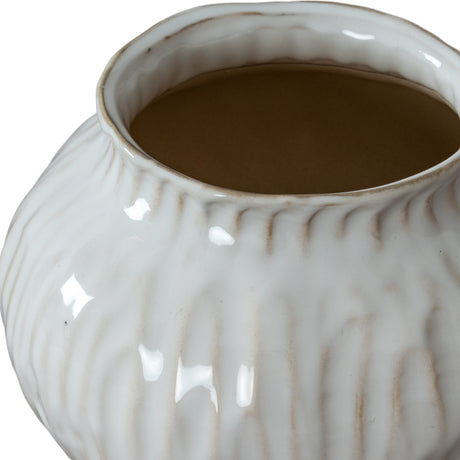 Close-up of Hill Interiors Squat Ceramic Vase in white, showing the ribbed rounded body, short tapered neck and glossy finish against a plain background.