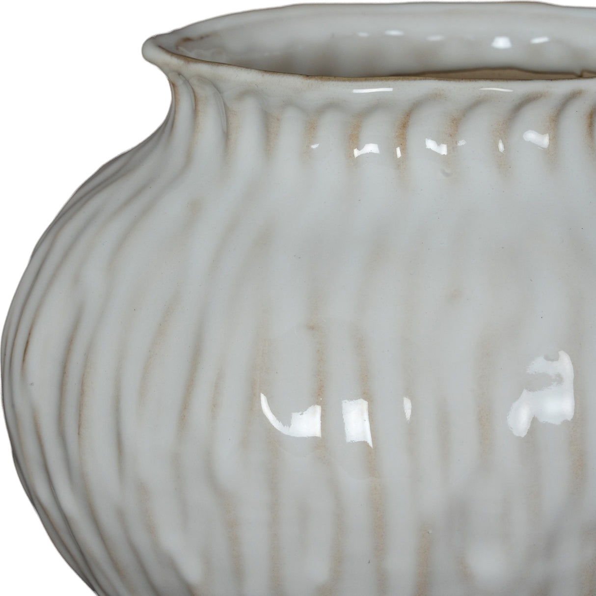 Close-up of the Hill Interiors Squat Ceramic Vase in white, showing the ribbed rounded body and tapered short neck with a smooth glazed finish.