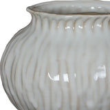 Close-up of the Hill Interiors Squat Ceramic Vase in white, showing the ribbed rounded body and tapered short neck with a smooth glazed finish.