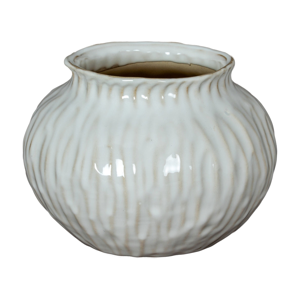 Hill Interiors Squat Ceramic Vase in white with a rounded ribbed body, short neck and glossy finish, shown on a plain white background.