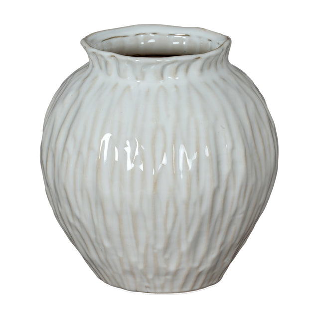 Hill Interiors Round Ceramic Vase 22cm in white with a rounded ribbed body and glazed finish, shown against a plain white background.