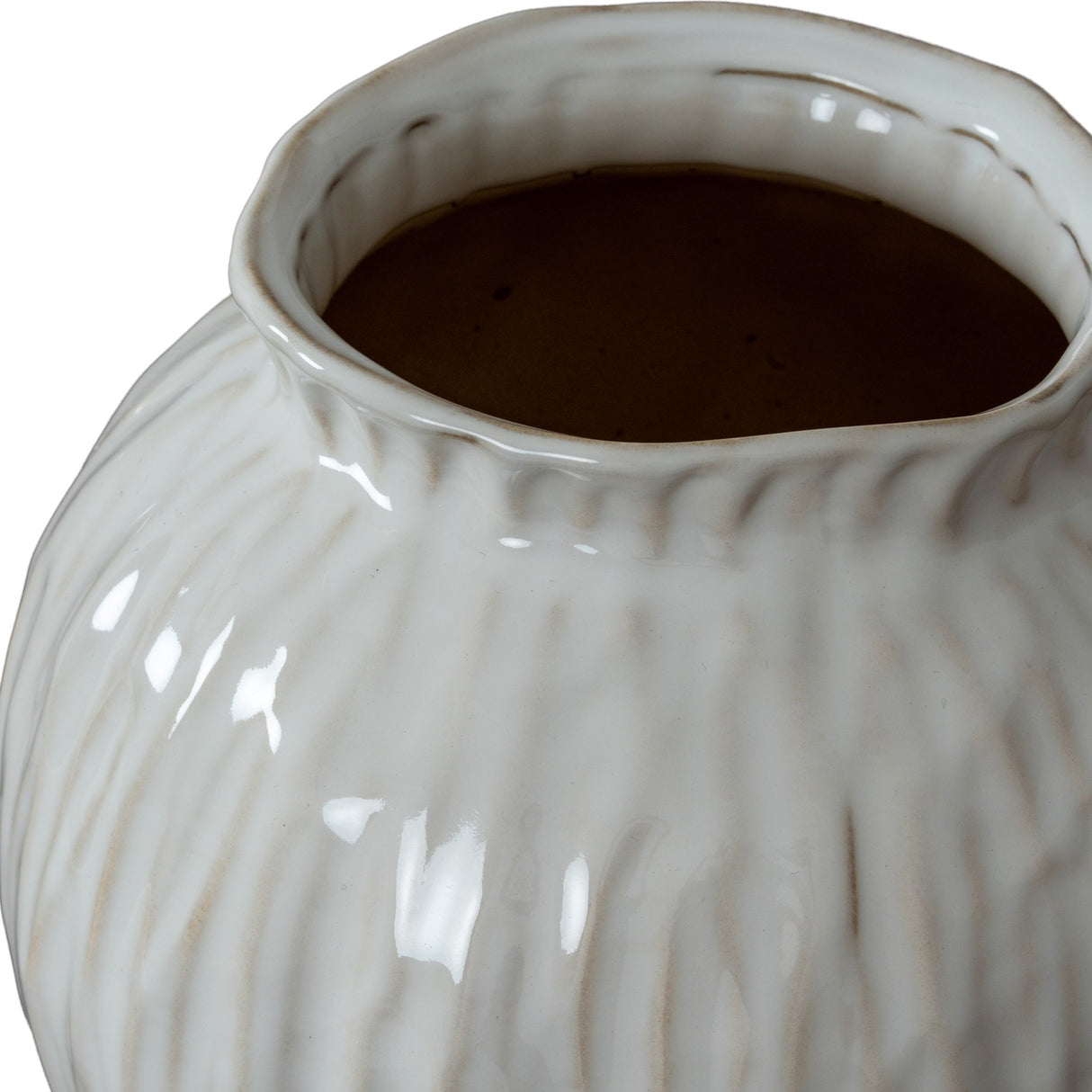 Close-up of the Hill Interiors Round Ceramic Vase in white, showing the ribbed textured body, glossy glaze finish and neat rounded opening.