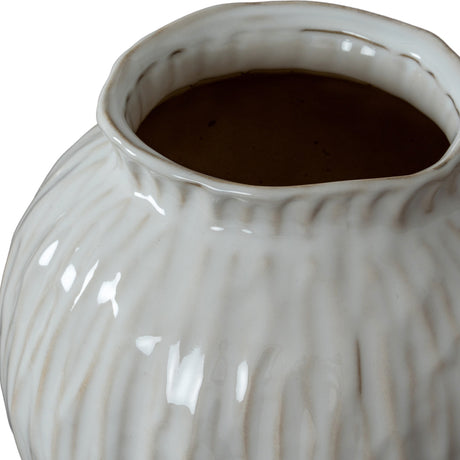 Close-up of the Hill Interiors Round Ceramic Vase in white, showing the ribbed textured body, glossy glaze finish and neat rounded opening.