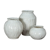 Hill Interiors Round Ceramic Vase 22cm in white, shown as a trio of ribbed glazed vessels in varying heights and rounded shapes on a white background.