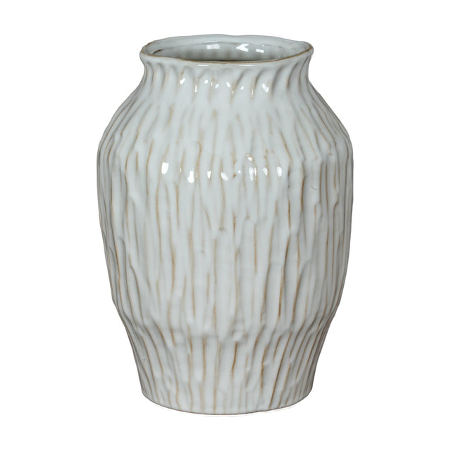 Hill Interiors Ceramic Olpe Vase 27cm in white, with a rounded tapered body, flared rim and textured vertical ribbing, shown on a plain background.