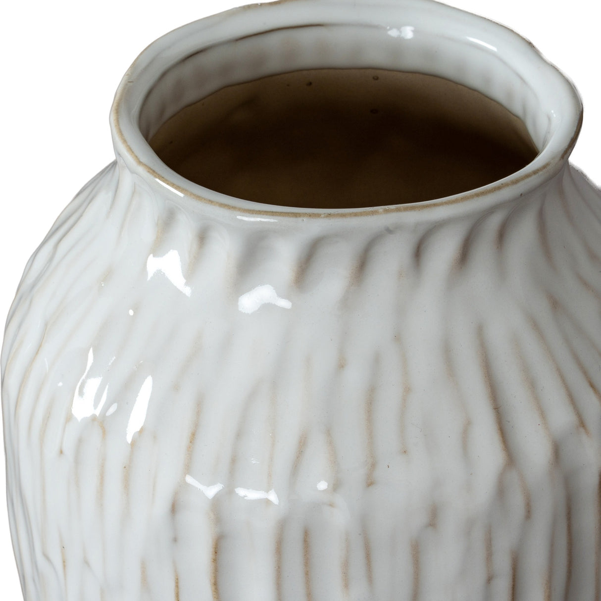 Close-up of the Hill Interiors Ceramic Olpe Vase in white, showing its flared rim, glazed finish and vertical textured ridges along the rounded body.