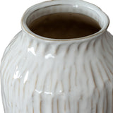 Close-up of the Hill Interiors Ceramic Olpe Vase in white, showing its flared rim, glazed finish and vertical textured ridges along the rounded body.