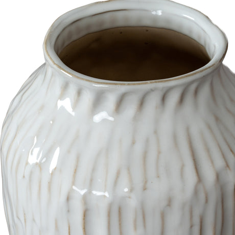 Close-up of the Hill Interiors Ceramic Olpe Vase in white, showing its flared rim, glazed finish and vertical textured ridges along the rounded body.