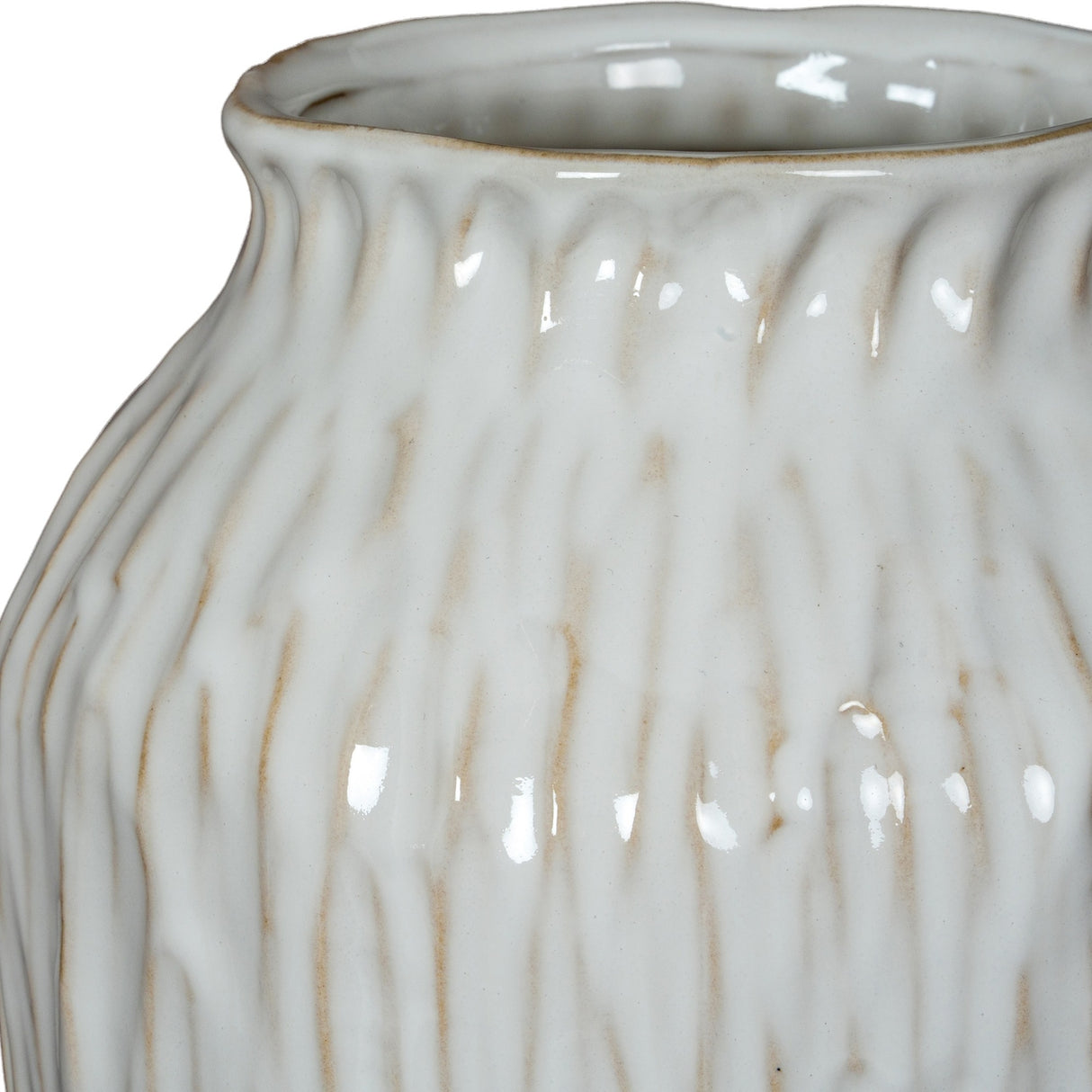 Close-up of the Hill Interiors Ceramic Olpe Vase in white, showing the glossy glazed surface, textured vertical ridges, and gently flared rim.