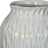 Close-up of the Hill Interiors Ceramic Olpe Vase in white, showing the glossy glazed surface, textured vertical ridges, and gently flared rim.