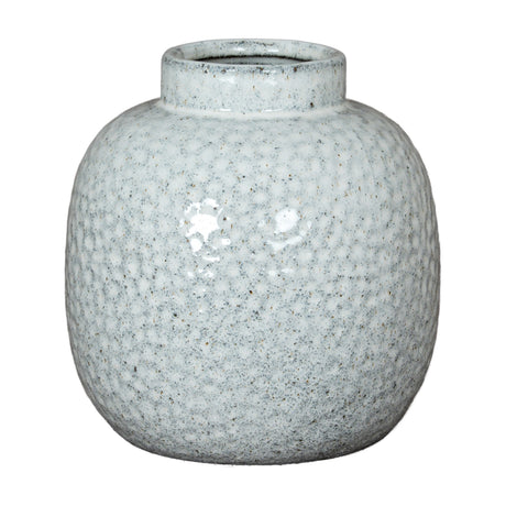 Hill Interiors Small Dimpled Ceramic Vase in white with a speckled glaze, rounded body and short narrow neck, shown on a plain white background.