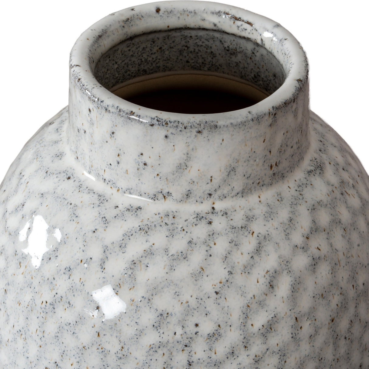 Close-up of Hill Interiors Dimpled Ceramic Vase 28cm in white, showing the speckled glaze, tapered neck and rounded opening against a plain background.