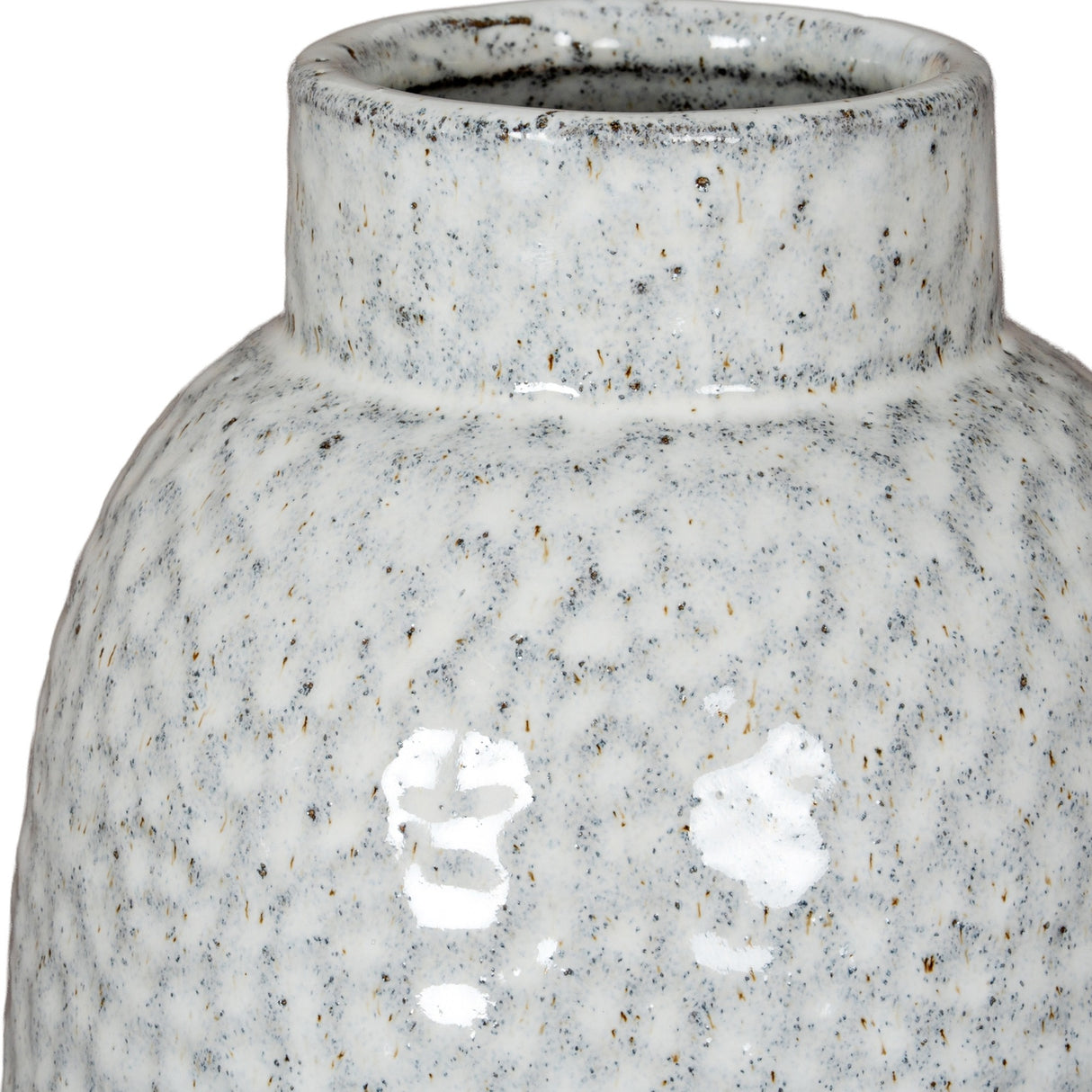 Close-up of the Hill Interiors Dimpled Ceramic Vase in white, showing the tapered neck and speckled glaze with brown and grey flecks.