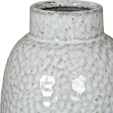 Close-up of the Hill Interiors Dimpled Ceramic Vase in white, showing the tapered neck and speckled glaze with brown and grey flecks.