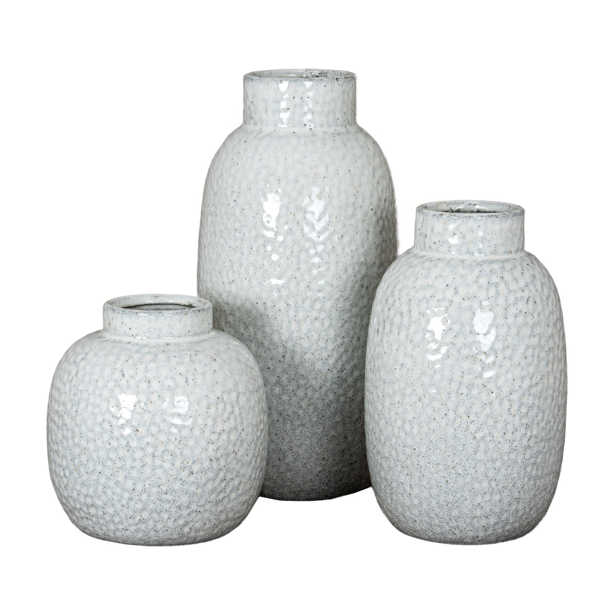 Hill Interiors Dimpled Ceramic Vase 28cm in white, grouped with two smaller dimpled vases in varying heights on a plain white background.