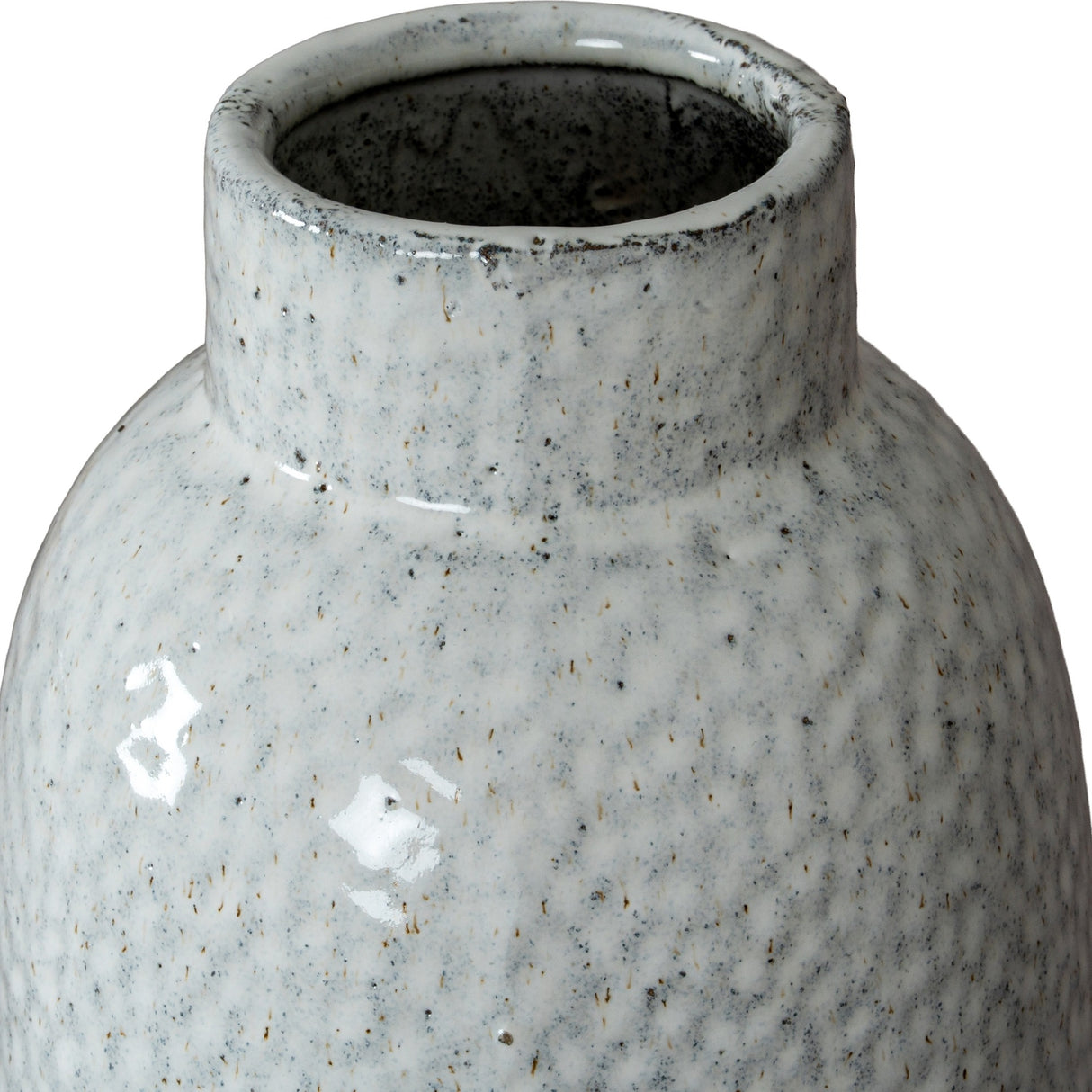 Close-up of the Hill Interiors Large Dimpled Ceramic Vase in white, showing its narrow neck and speckled matt glaze with a softly dimpled surface.