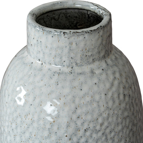 Close-up of the Hill Interiors Large Dimpled Ceramic Vase in white, showing its narrow neck and speckled matt glaze with a softly dimpled surface.
