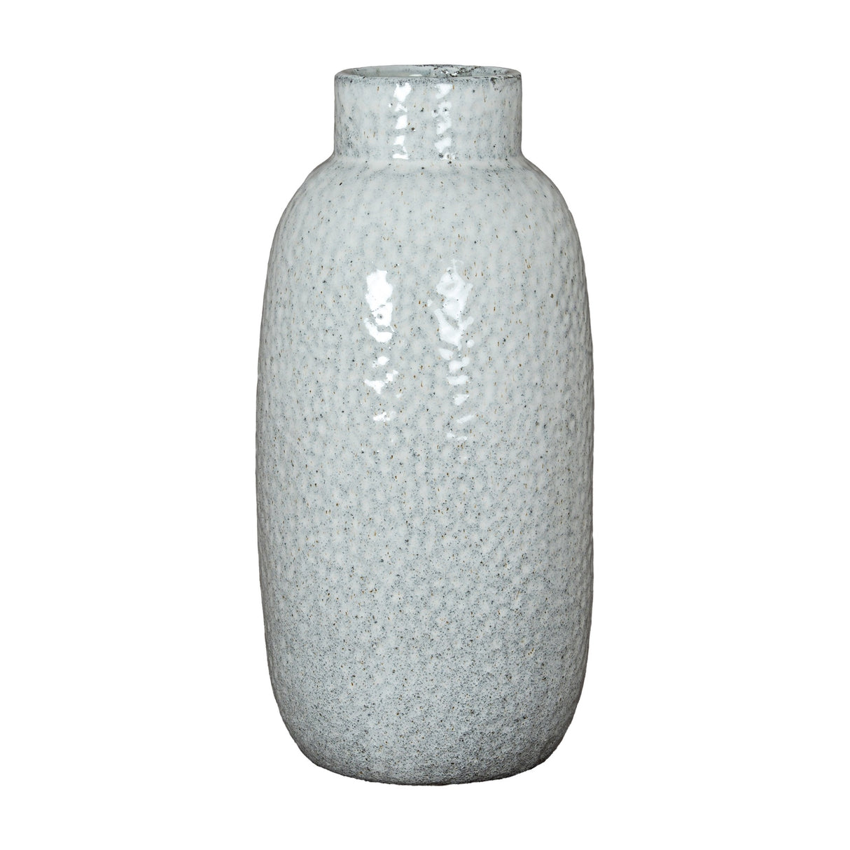 Hill Interiors Large Dimpled Ceramic Vase in white with a rounded body, narrow neck and speckled matt glaze, shown on a plain white background.