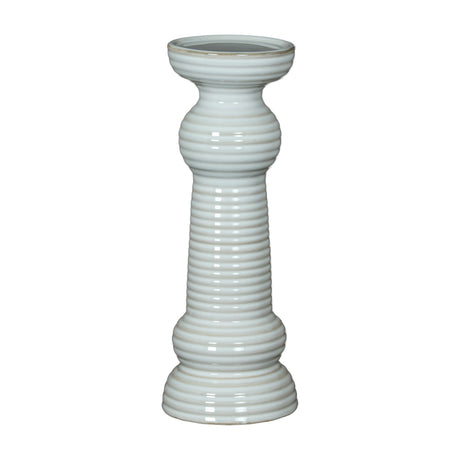 Hill Interiors Medium Ceramic Pillar Candle Holder in white with a ribbed columnar form and shallow dish top, shown on a plain white background.