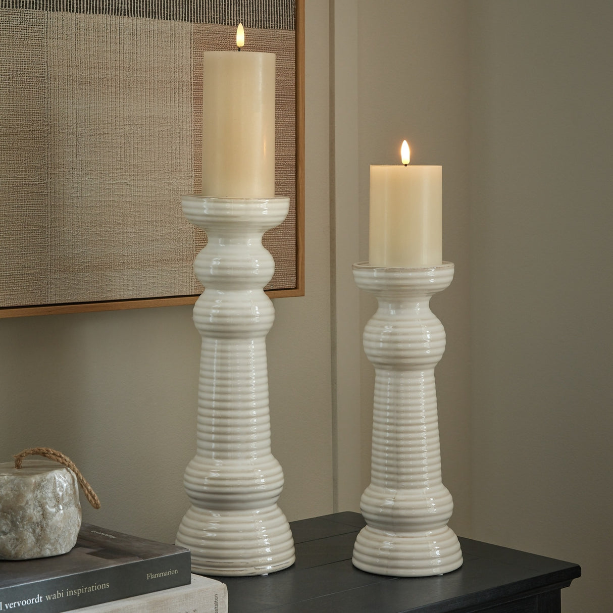 Medium Ceramic Pillar Candle Holder – White