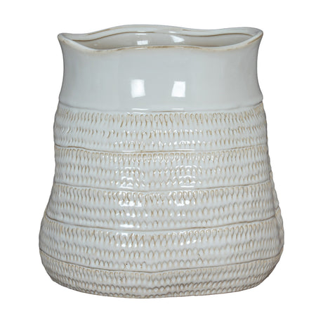 Hill Interiors Ribbed Ceramic Vase in white with a textured, patterned body and glossy glazed finish, shown against a plain white background.