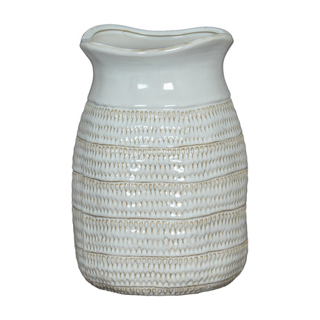 Hill Interiors Medium Hewn Ceramic Vase in white with a textured ribbed body and shaped pouring lip, shown against a plain white background.