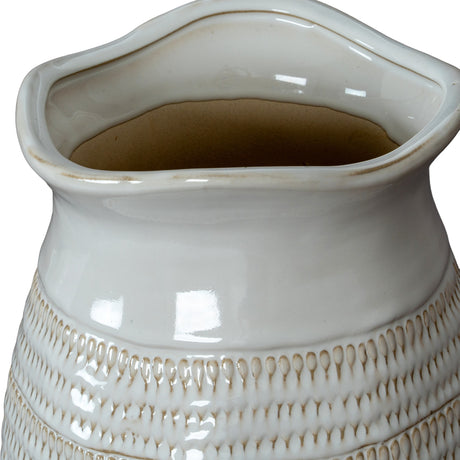 Close-up of the Hill Interiors Medium Hewn Ceramic Vase in white, showing the wavy rim, glossy glaze and textured teardrop banding around the body.