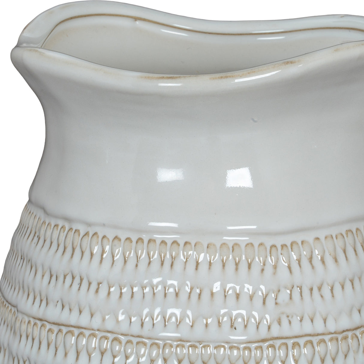 Close-up of the Hill Interiors Medium Hewn Ceramic Vase in white, showing its wavy rim, glossy glaze and textured band of chiselled teardrop detailing.