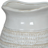 Close-up of the Hill Interiors Medium Hewn Ceramic Vase in white, showing its wavy rim, glossy glaze and textured band of chiselled teardrop detailing.