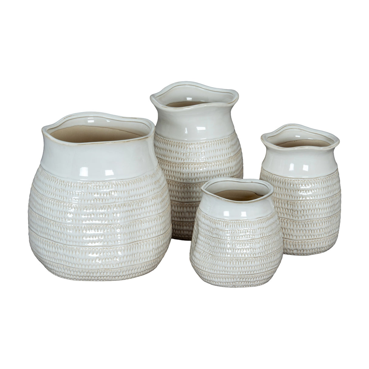 Hill Interiors Medium Hewn Ceramic Vase in white, shown in a grouping of four textured vases with wavy rims and ribbed bodies on a plain background.