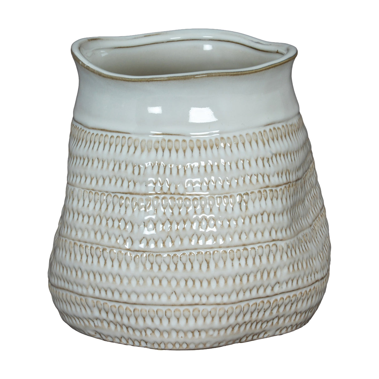 Hill Interiors Wide Hewn Ceramic Vase in white with a rounded tapered form and textured dimpled surface, shown on a plain white background.