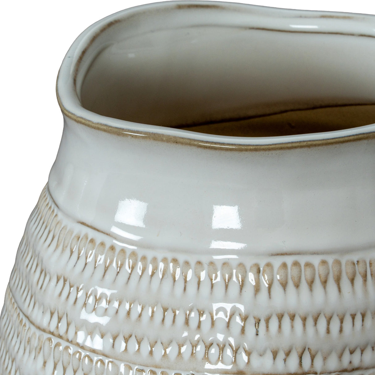 Close-up of Hill Interiors Wide Hewn Ceramic Vase in white, showing the glossy rim, tapered neck and textured dimpled band around the rounded body.