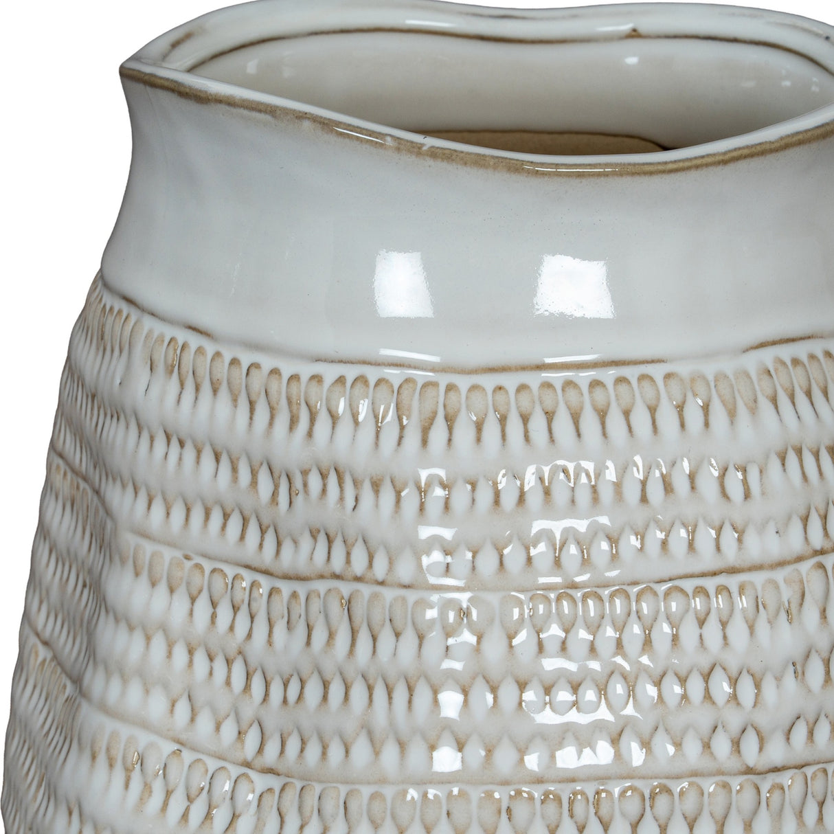 Close-up of Hill Interiors Wide Hewn Ceramic Vase in white, showing the glazed rim and textured teardrop bands around the rounded body.