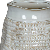 Close-up of Hill Interiors Wide Hewn Ceramic Vase in white, showing the glazed rim and textured teardrop bands around the rounded body.