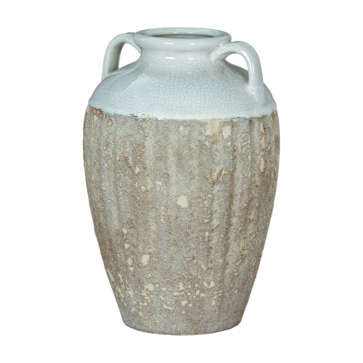 Hill Interiors Large Amphora Vase in ceramic with a crackle-glazed white neck, twin handles and a textured stone-grey body, on a plain white background.