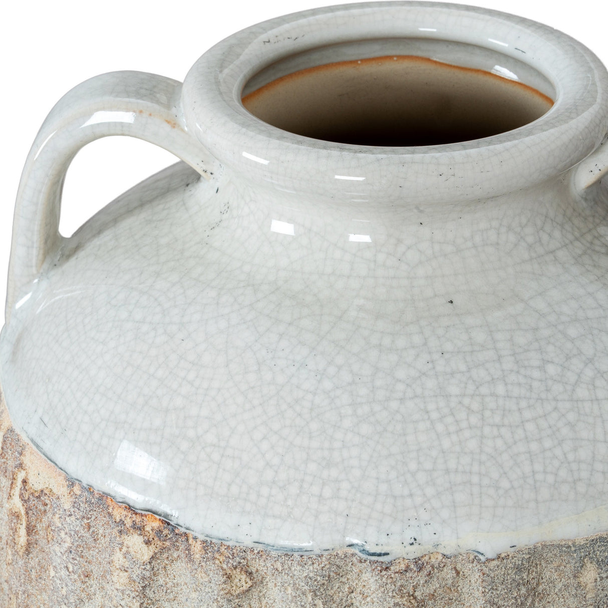 Close-up of Hill Interiors Large Amphora Vase showing crackle-glazed white ceramic neck, rim and side handle above a raw unglazed lower body.