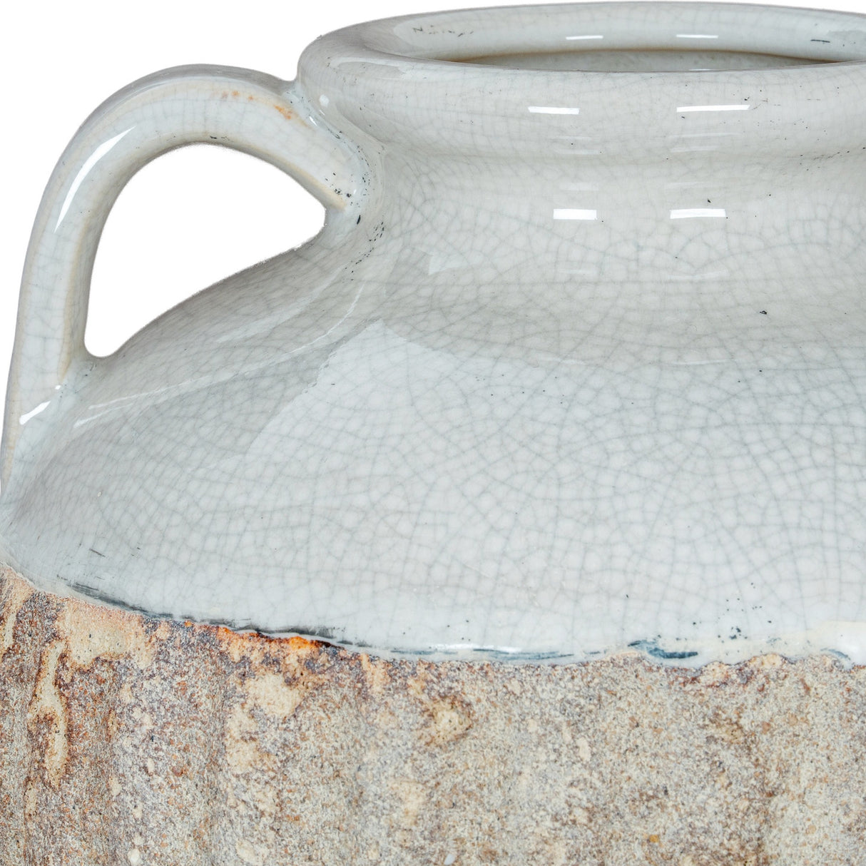 Close-up of Hill Interiors Large Amphora Vase showing crackle-glazed white ceramic upper body, small looped handle, flared rim, and exposed raw stoneware base.