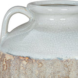 Close-up of Hill Interiors Large Amphora Vase showing crackle-glazed white ceramic upper body, small looped handle, flared rim, and exposed raw stoneware base.
