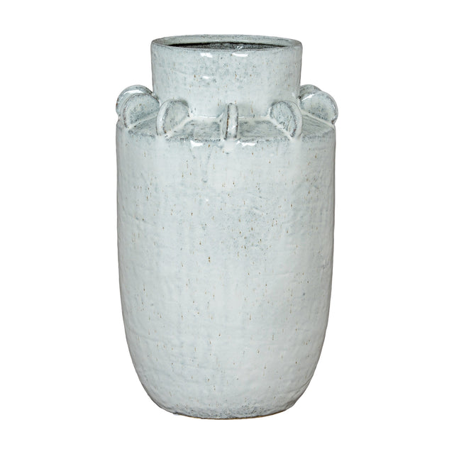 Hill Interiors Large Hydria ceramic vase in white with a rounded tapered body, narrow neck, wide mouth and decorative rim details, on a plain background.