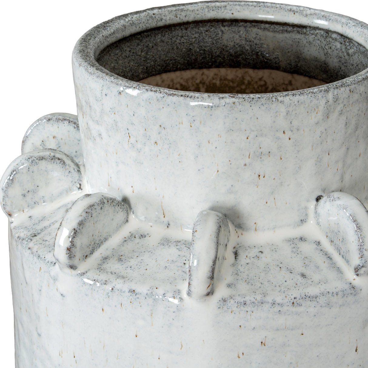 Close-up of the Hill Interiors Large Hydria Ceramic Vase in white, showing the speckled glaze, wide mouth and raised circular detailing around the neck.