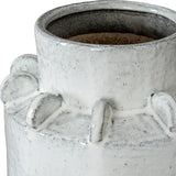 Close-up of the Hill Interiors Large Hydria Ceramic Vase in white, showing the speckled glaze, wide mouth and raised circular detailing around the neck.