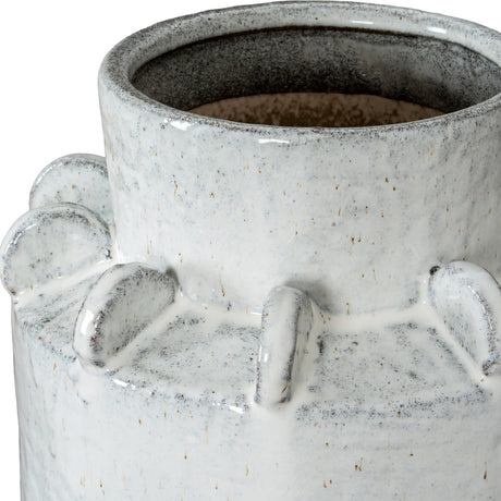 Close-up of the Hill Interiors Large Hydria Ceramic Vase in white, showing the speckled glaze, wide mouth and raised circular detailing around the neck.