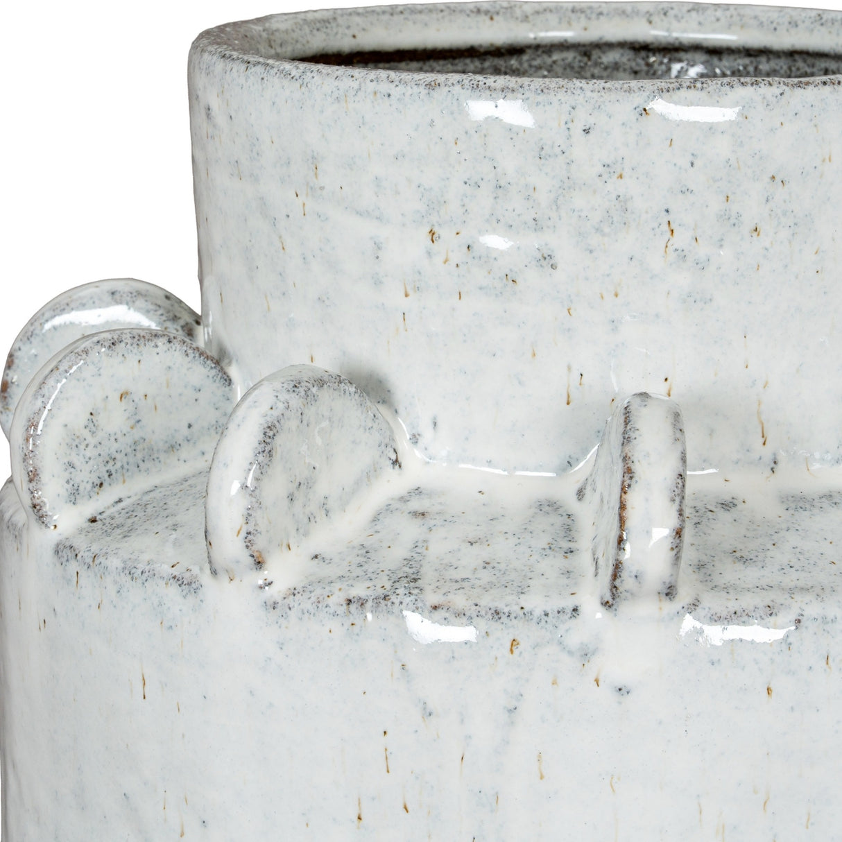 Close-up of the Hill Interiors Large Hydria ceramic vase in speckled white glaze, showing the wide mouth, rim detail and small looped handles.