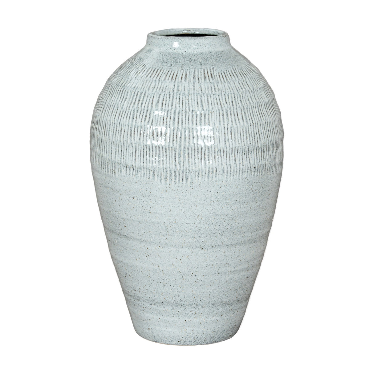 Hill Interiors Medium Olpe ceramic vase in white with a rounded tapered body, slim neck and ribbed textured upper section, on a plain background.