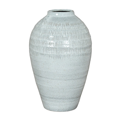 Hill Interiors Medium Olpe ceramic vase in white with a rounded tapered body, slim neck and ribbed textured upper section, on a plain background.