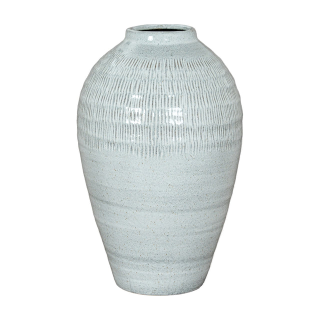Hill Interiors Medium Olpe ceramic vase in white with a rounded tapered body, slim neck and ribbed textured upper section, on a plain background.