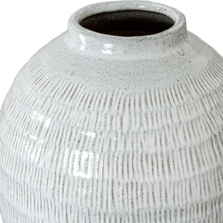 Close-up of the Hill Interiors Medium Olpe ceramic vase showing its rounded body, slim neck, and textured white finish with fine vertical striations.