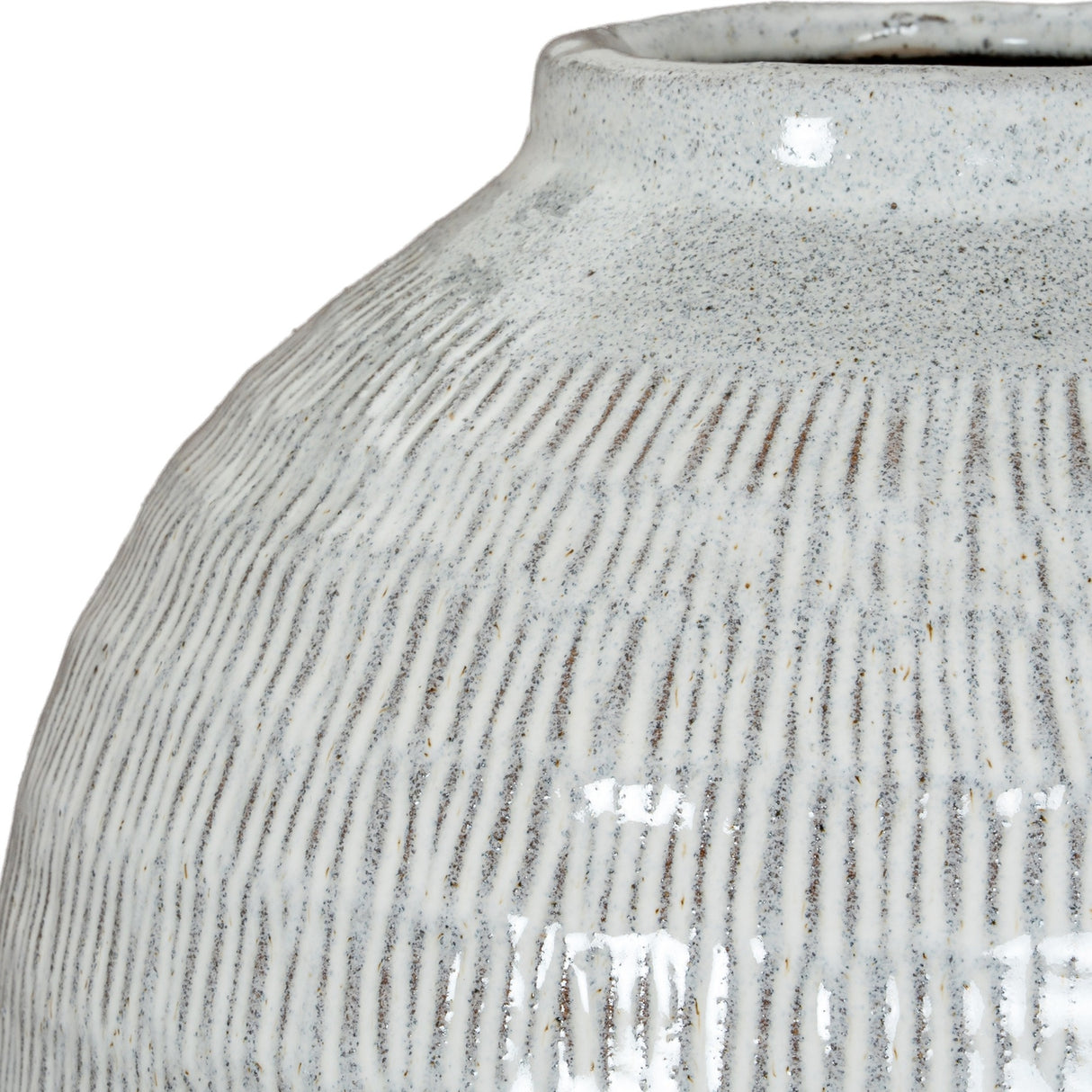 Close-up of Hill Interiors Medium Olpe ceramic vase showing textured vertical ribbing and speckled white matte finish around the rounded body and slim neck.